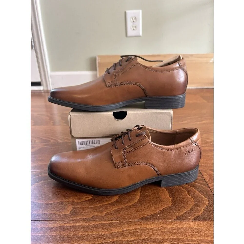 Clarks Men's Tilden Plain Oxford Dark Tan Lace Up Dress Shoe NEW US size 9‎ W